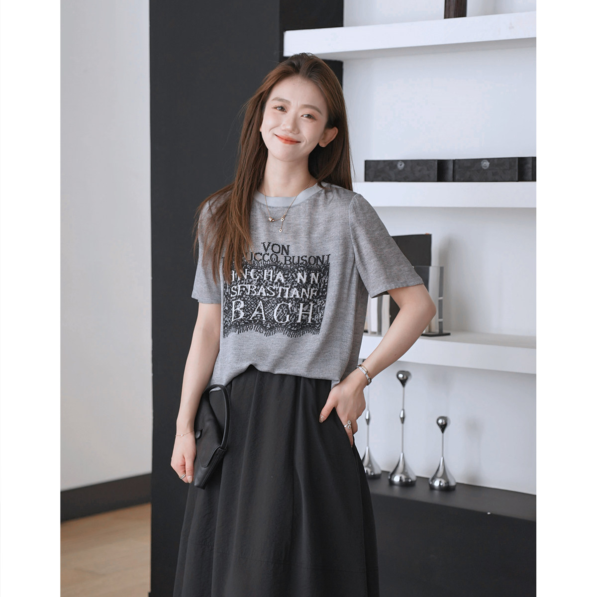 R H 7065气质印花真丝双乔印花短袖上衣女宽松显瘦薄款桑蚕丝T恤