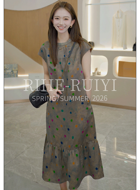 RH【彩波花萝】RH1196气质复古质感花萝红云纱波点桑蚕丝连衣裙