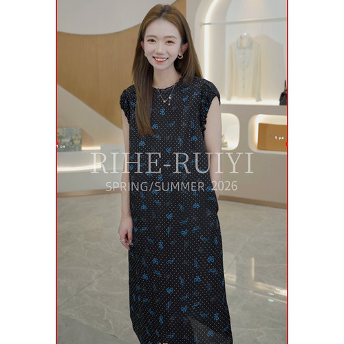RH【律动蝴蝶结】1142复古质感显瘦波点蝴蝶结横条绉桑蚕丝连衣裙