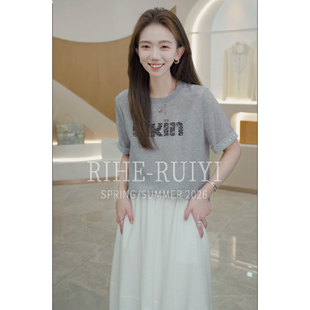 RH【小蕾丝】RH726春夏新款气质显瘦桑蚕丝字母印花短袖T恤