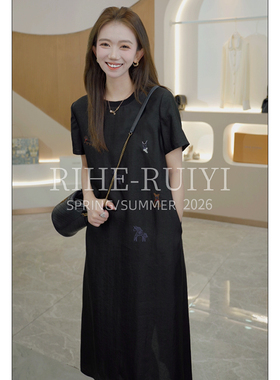 RH【童趣】RH1188气质复古龟裂纹刺绣香云纱桑蚕丝连衣裙