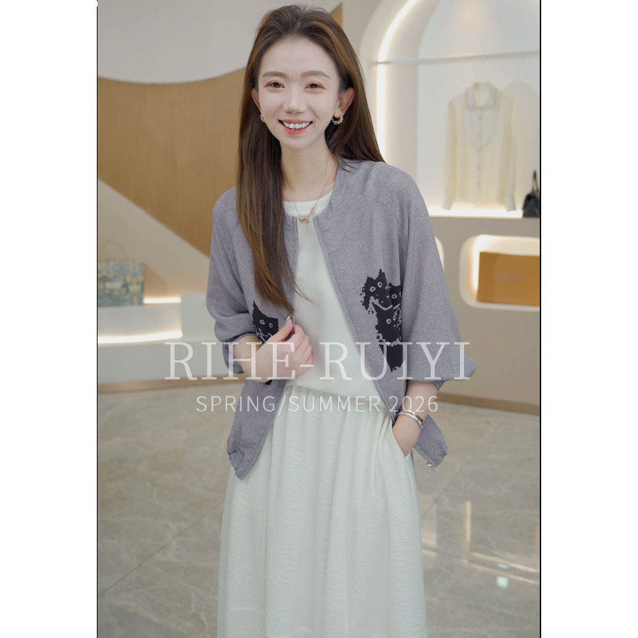 RH【慵懒小猫】9736新款轻奢气质复古显瘦印花双绉棒球服薄外套