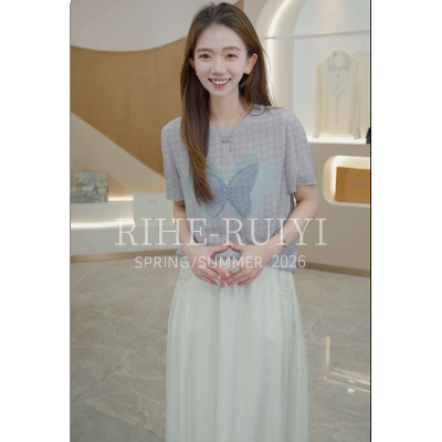 RH【格纹小蝴蝶】7719春夏新款显瘦定位印花双绉桑蚕丝短袖T恤
