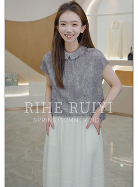 RH【牛仔小翻领】8021春夏复古气质显瘦前后翻领珍珠绉桑蚕丝T恤