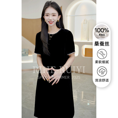 8092夏季短袖真丝金丝绒连衣裙女2025新款小个子黑色桑蚕丝中长裙