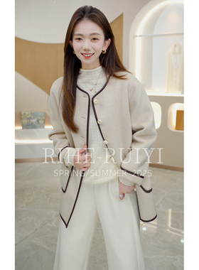 R H 【极简诗】羊毛混纺骆驼绒桑蚕丝休闲显瘦复古拼皮大衣85809