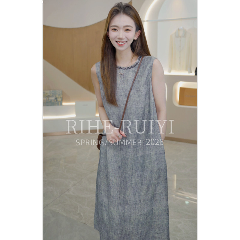 RH[钉珠金皮冠乐绉]复古轻奢气质显瘦金皮冠乐绉桑蚕丝连衣裙8075