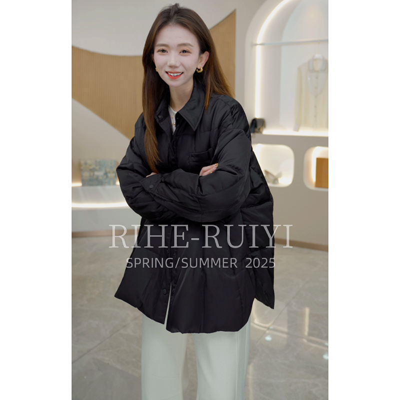 R H 【丝语】2500319复古高端质感休闲桑蚕丝POLO领白鹅绒羽绒服