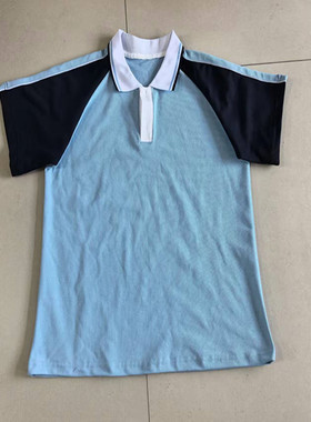 定做中小学生新款夏季薄款浅蓝色拼白色翻领宽松校服班服宽松大码