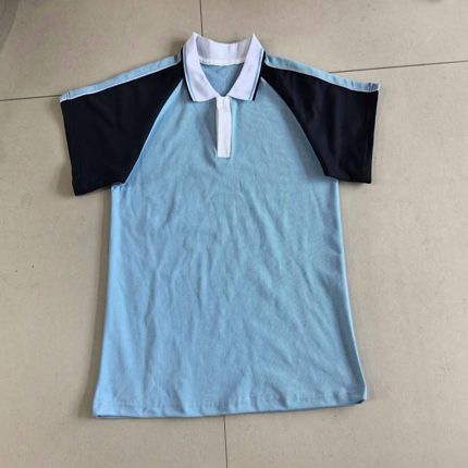 定做中小学生新款夏季薄款浅蓝色拼白色翻领宽松校服班服宽松大码