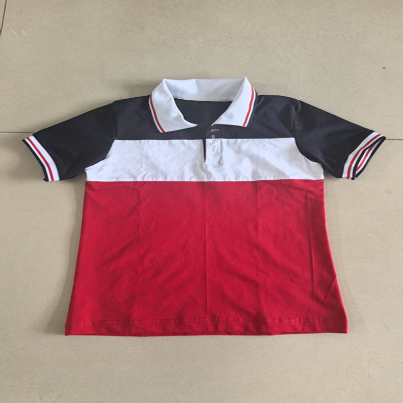 中小学生新款夏季薄款红色拼接白色翻领宽松校服班服短袖大码定做
