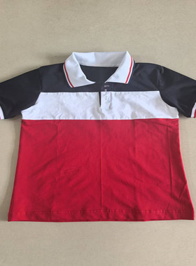 中小学生新款夏季薄款红色拼接白色翻领宽松校服班服短袖大码定做