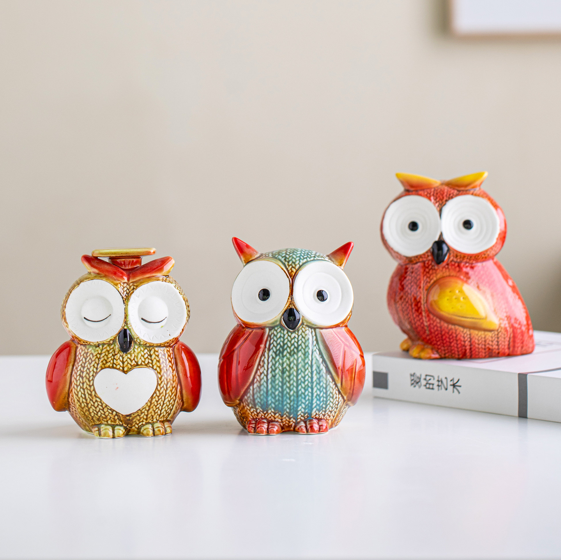 美式一家三口猫头鹰桌面小摆件家居装饰品创意酒柜客厅陶瓷工艺品