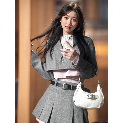 (坠入爱河)高级感灰色人字纹西装外套短款显瘦2025年春秋新款