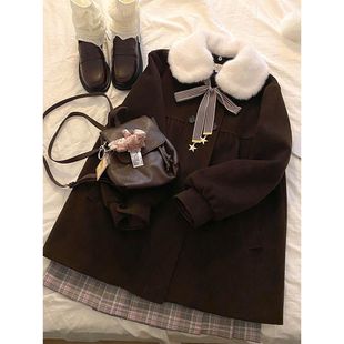 日系学院风vintage设计感娃娃领中长款 新款 毛呢外套 冬季 古早少女