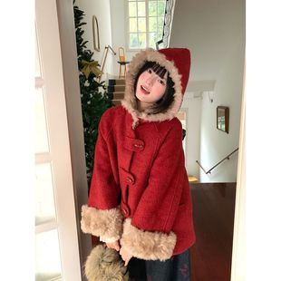 日系圣诞新年红色毛呢大衣设计感小众甜美可爱加厚保暖呢子外套女
