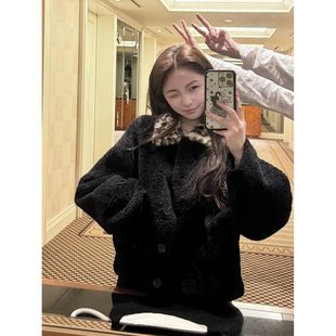 豹纹毛领设计感宽松短外套2025冬季 简约高级百搭气质黑色外套 新款