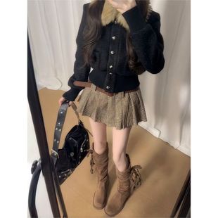 小众设计感两件套女 韩系学院毛领外套格纹百褶裙套装 格纹栖光
