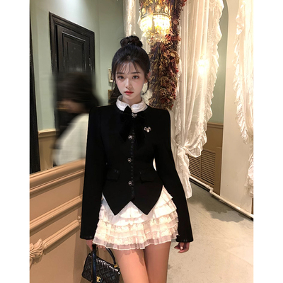 绯闻女主 冬装小香风气质小众设计感显瘦长袖外套蛋糕裙千金套装