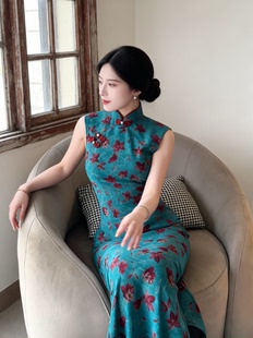 鹿禾自制温柔弹力网纱无袖花朵旗袍 无袖松石绿冰心花
