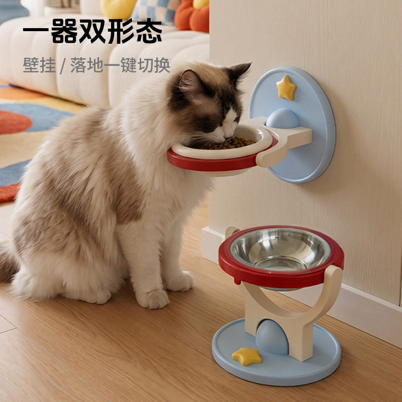 免打孔壁挂式猫食盆 落地两用猫碗 304 不锈钢防黑下巴猫咪喂食碗