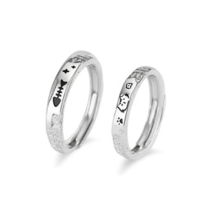 s999纯银猫鱼之恋对戒甜蜜轻奢时尚感情侣戒指可调节关节戒子