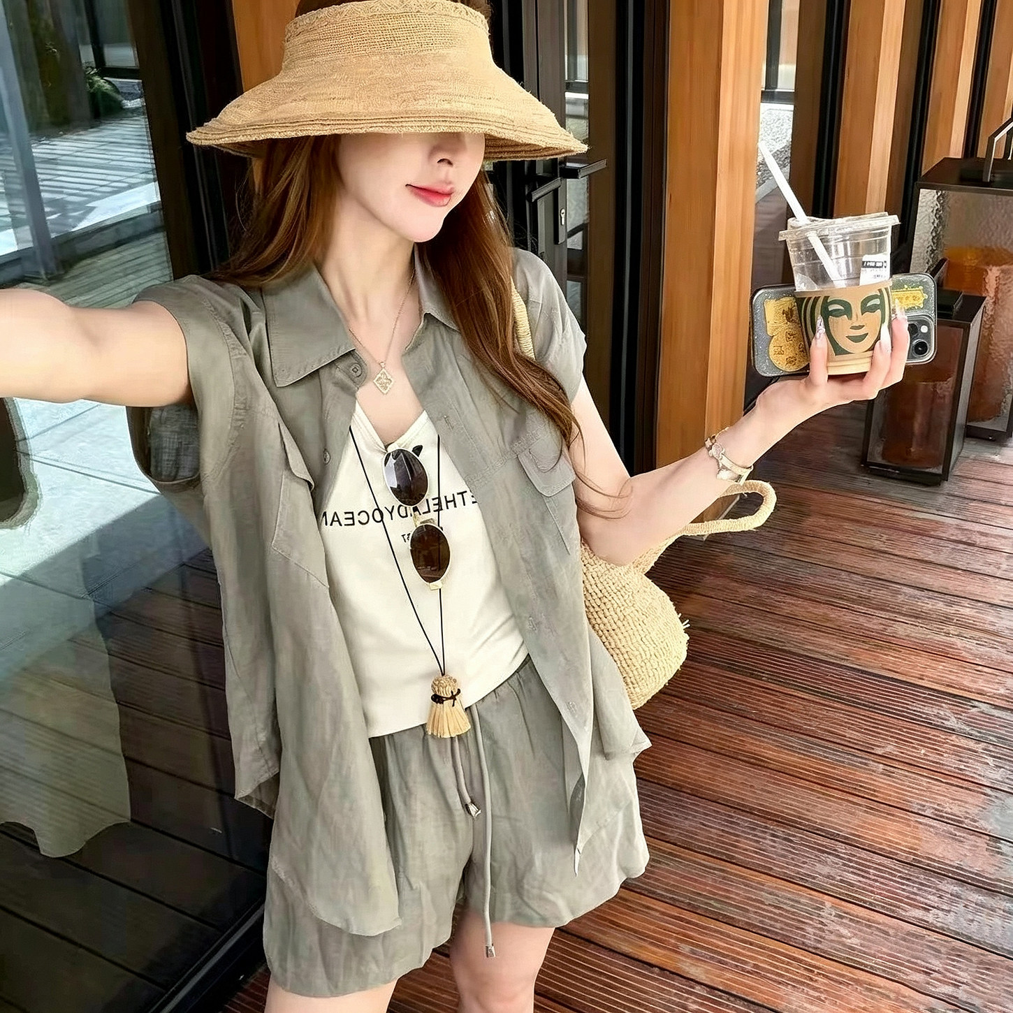 夏季新款慵懒风显瘦衬衫短裤套装