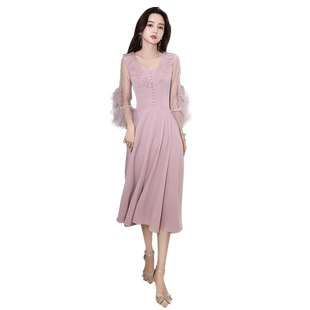 晚礼服女轻奢小众高端平时可穿高级感主持人端庄大气粉色连衣裙