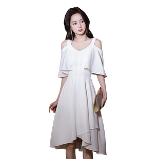 晚礼服女高级感轻奢小众高端小个子缎面遮手臂领证登记白色连衣裙