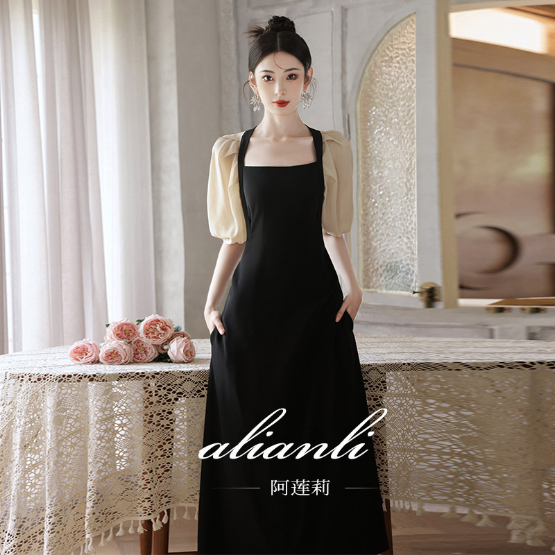 阿莲莉赫本风方领中袖小晚礼服女图片
