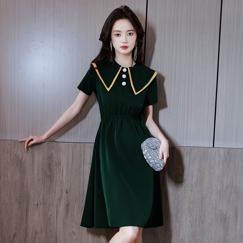 阿莲莉赫本风墨绿色小晚礼服裙女