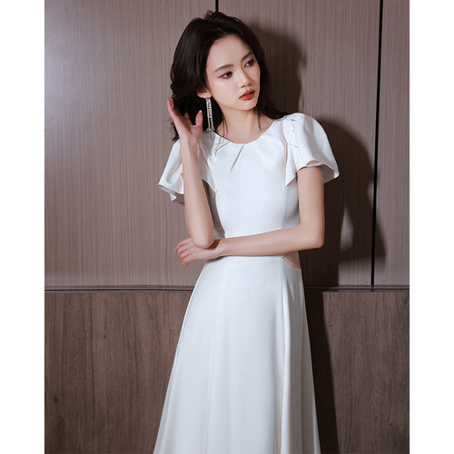 阿莲莉赫本风白色晚礼服女特丽纶