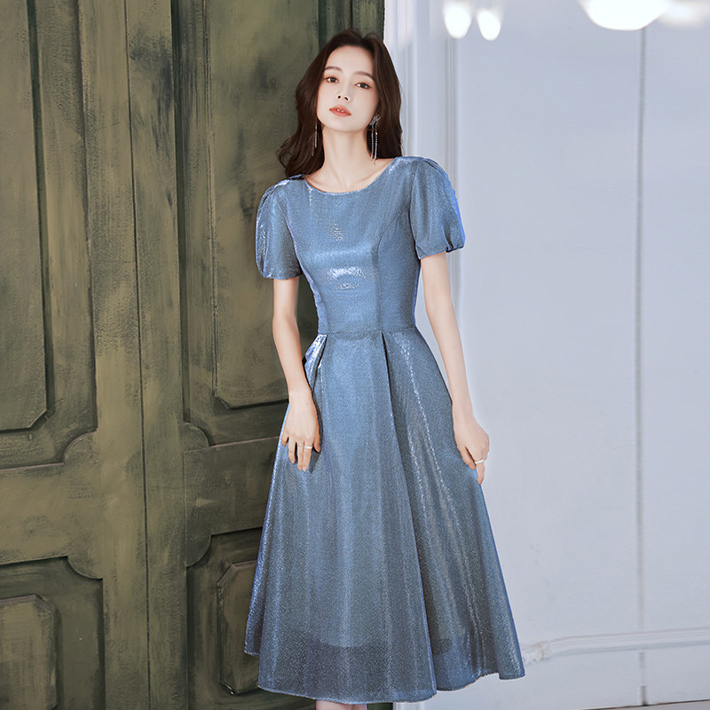 晚礼服宴会轻奢小众高端高级感蓝色平时可穿主持人端庄大气连衣裙