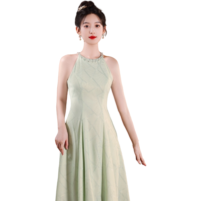阿莲莉挂脖中长款绿色礼服女珍珠