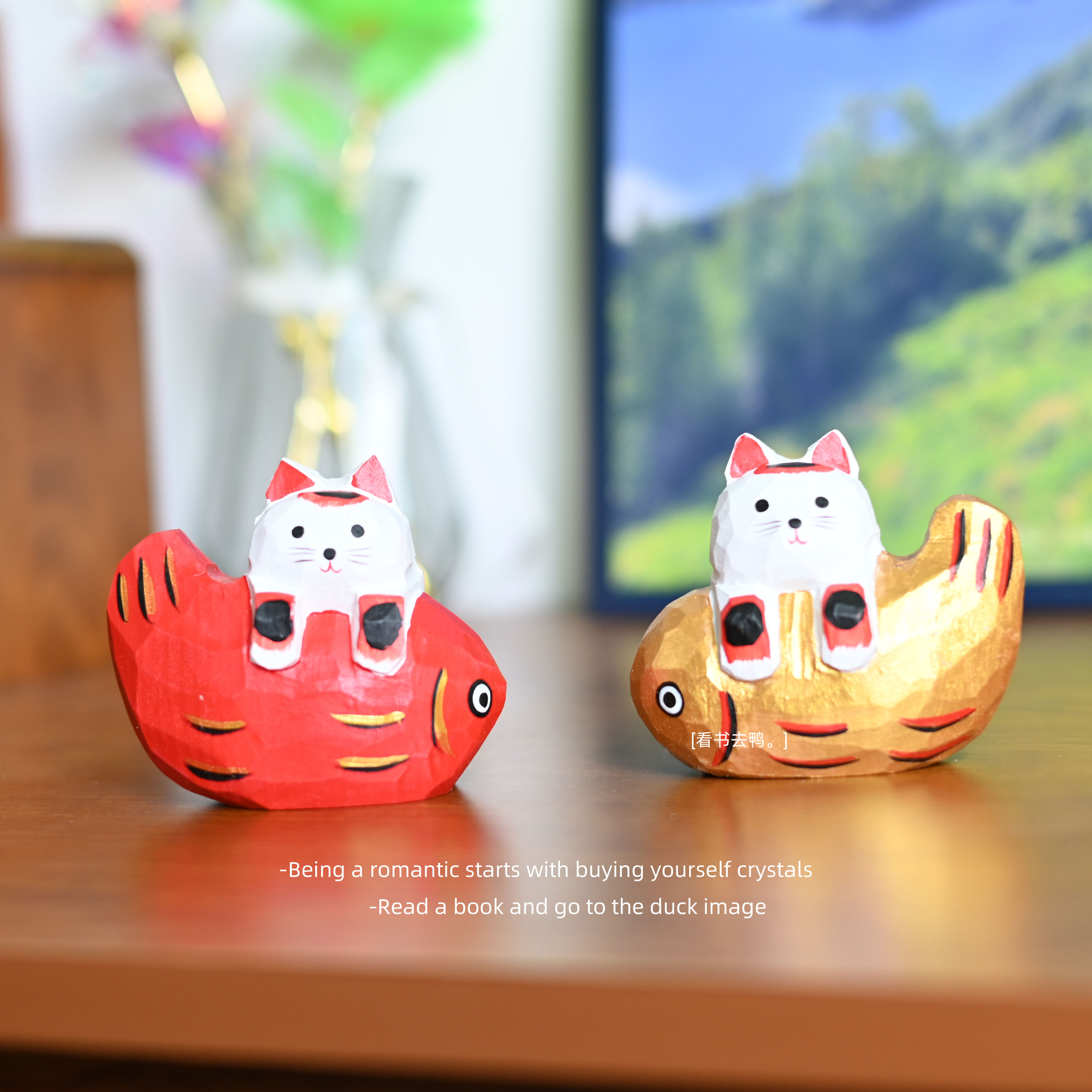 「怀抱锦鲤 前程似锦」手工木雕小摆件 可爱摸鱼猫猫摆件生日礼物图片