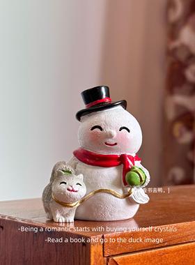 雪人牵小猫纯手工彩绘摆件