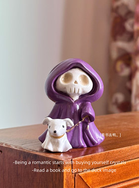 骷髅遛狗 纯手工彩绘创意可爱万圣圣诞节迷你桌面摆件生日礼物