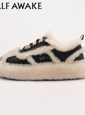 明星同款HALFAWAKE设计师冬季休闲羊毛牛皮板鞋女毛毛保暖运动鞋