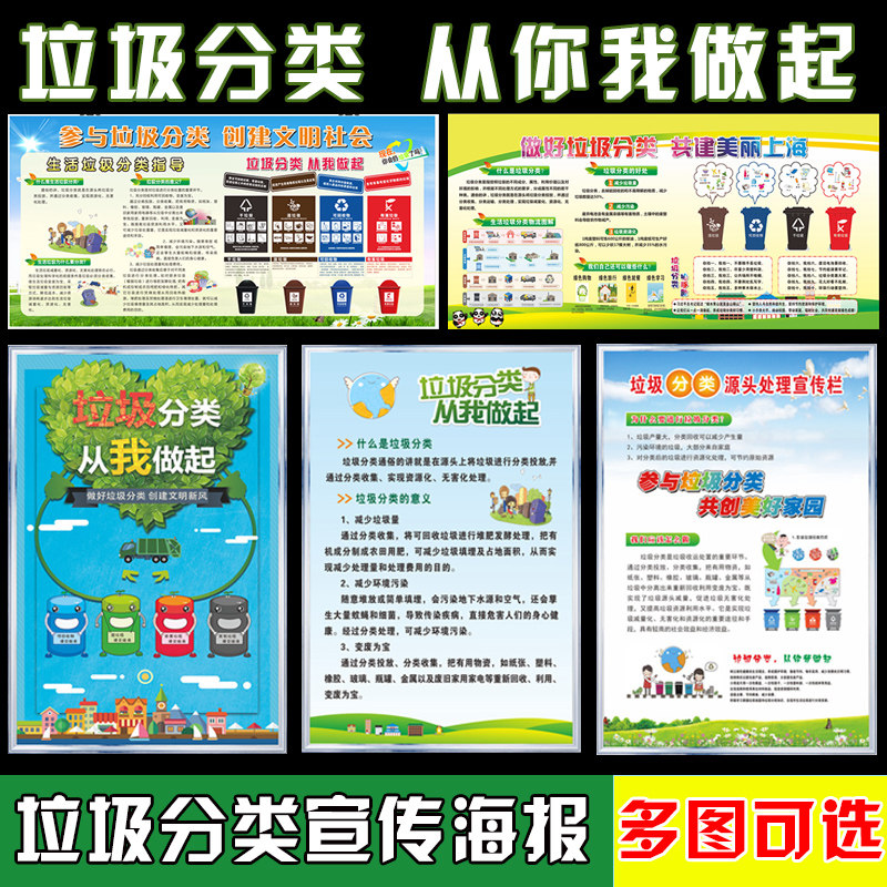 垃圾分类宣传海报标语展板圾桶可回收不可回收标识贴纸环境保护挂图