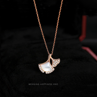 s925纯银古风银杏叶项链女小众轻奢玫瑰金扇形裙子锁骨链百搭时尚