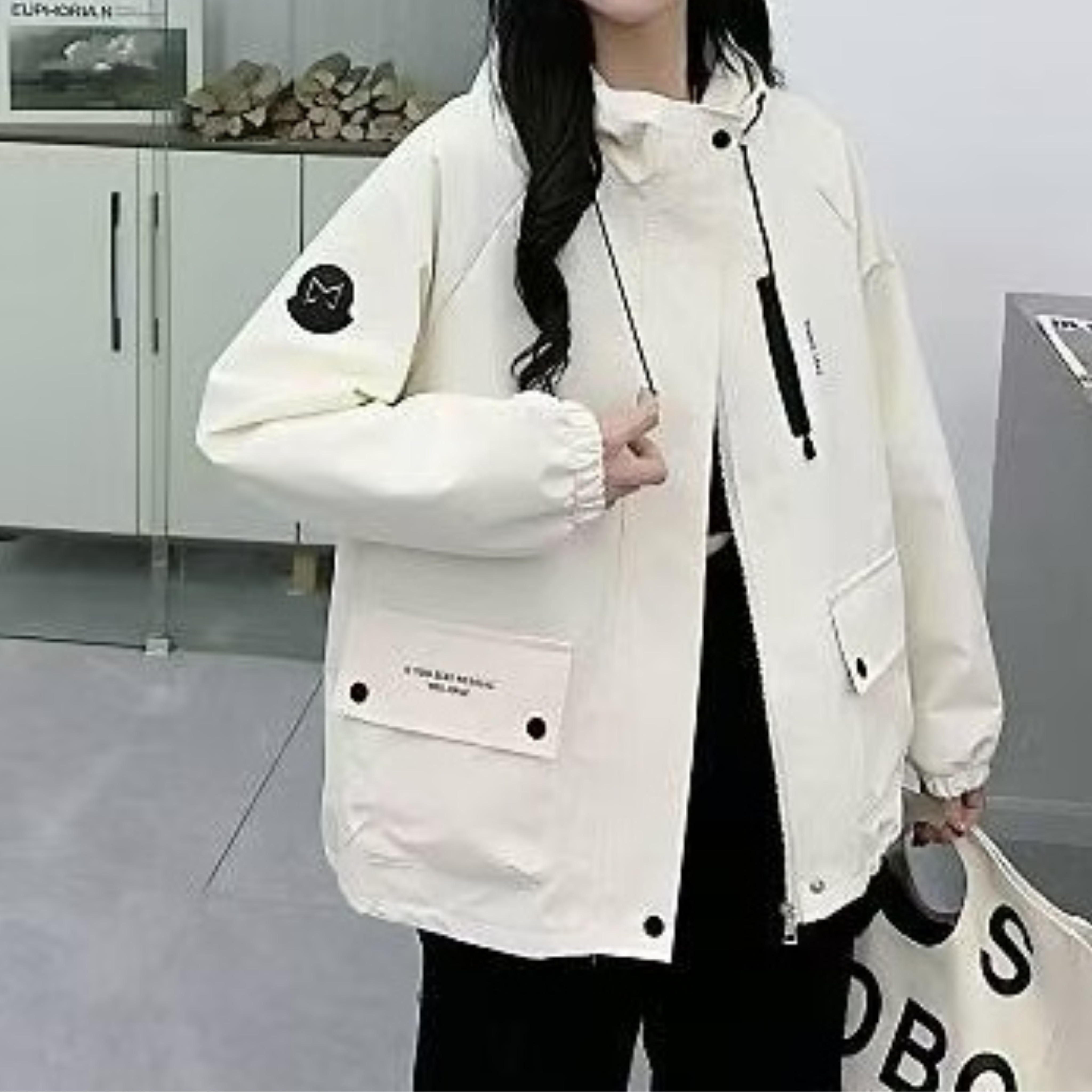2025春季新款女士短款连帽风衣休闲外套宽松连帽夹克工装冲锋衣女