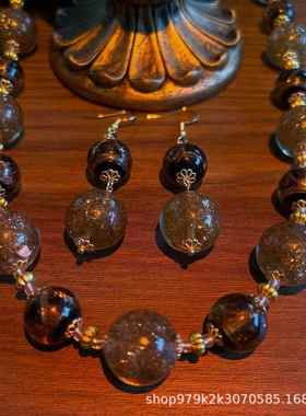 复古意大利穆拉诺琉璃古法中古饰品vintage香灰琉璃项链耳环套装