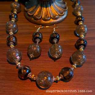 复古意大利穆拉诺琉璃古法中古饰品vintage香灰琉璃项链耳环套装