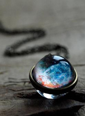 宇宙银河星云双面玻璃球吊坠项链女百搭复古毛衣链欧美饰品