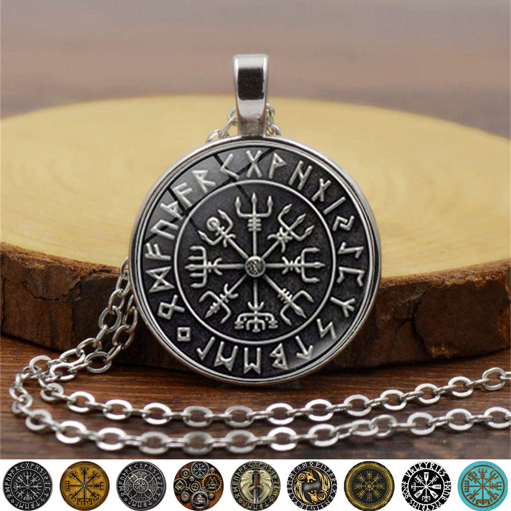 维京海盗指南针图案时光宝石吊坠项链女欧美饰品复古毛衣链