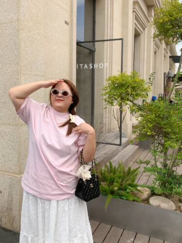 Onepang“嫩粉嫩粉”水洗棉短袖t恤女夏纯色宽松百搭显瘦大码女装