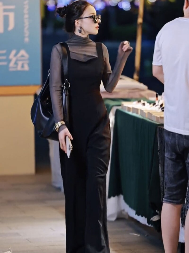 2024 새로운 가을 의류 여성용 긴팔 메쉬 바닥 셔츠 탑 + 슬림 점프 슈트 블랙 오버올 2 피스 세트