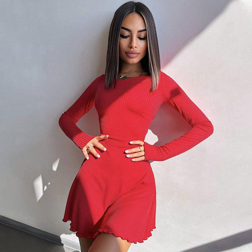 欧美风纯色后背绑绳长袖连衣裙