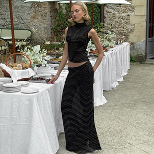 半透网纱波点印花时尚 高腰修身 套装 上衣 半身裙 女无袖 shemoda夏季