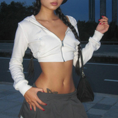 性感辣妹短款 高腰连帽卫衣女装 春秋拉链开衫 美式 口袋连帽长袖 上衣